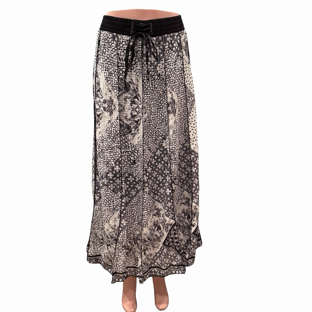 Lapis Pull On A Line Midi Skirt Sz M Corset Waist Piping Monochrome Mixed Print
